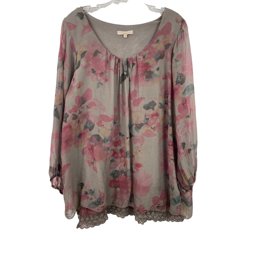 Prontomoda Giusy Floral Tunic Top With Lace Hemline Gray & Pink 1X